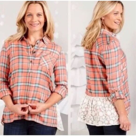 Matilda Jane Top Noble Lace Plaid Tunic Flannel Orange Blue Popover Shirt sz Sma - Picture 1 of 7